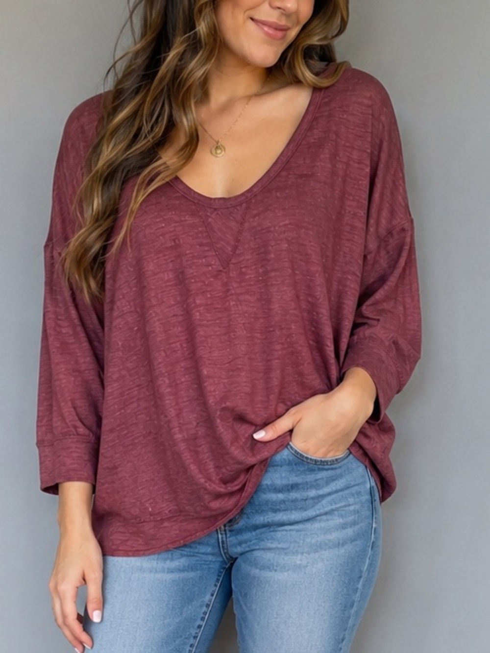 Wilfred Free Burgundy Slub Knit Scoop Neck Top | 3/4 Sleeve | Size M